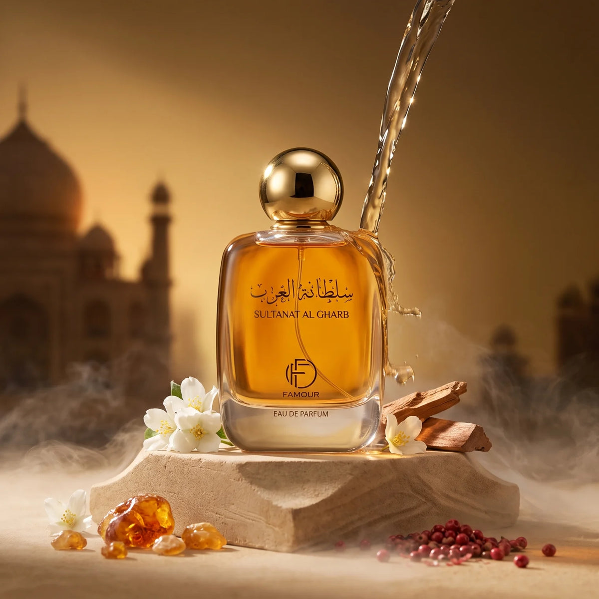 FAMOUR SULTANAT AL GHARB Eau de Parfum – 100 ML Amber-Colored Fragrance, Clear Glass Bottle, Gold-Colored Cap, Arabic and English Labeling