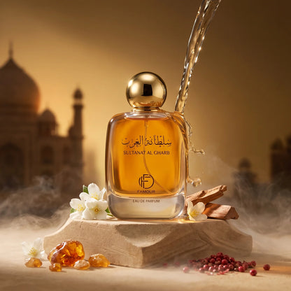 FAMOUR SULTANAT AL GHARB Eau de Parfum – 100 ML Amber-Colored Fragrance, Clear Glass Bottle, Gold-Colored Cap, Arabic and English Labeling