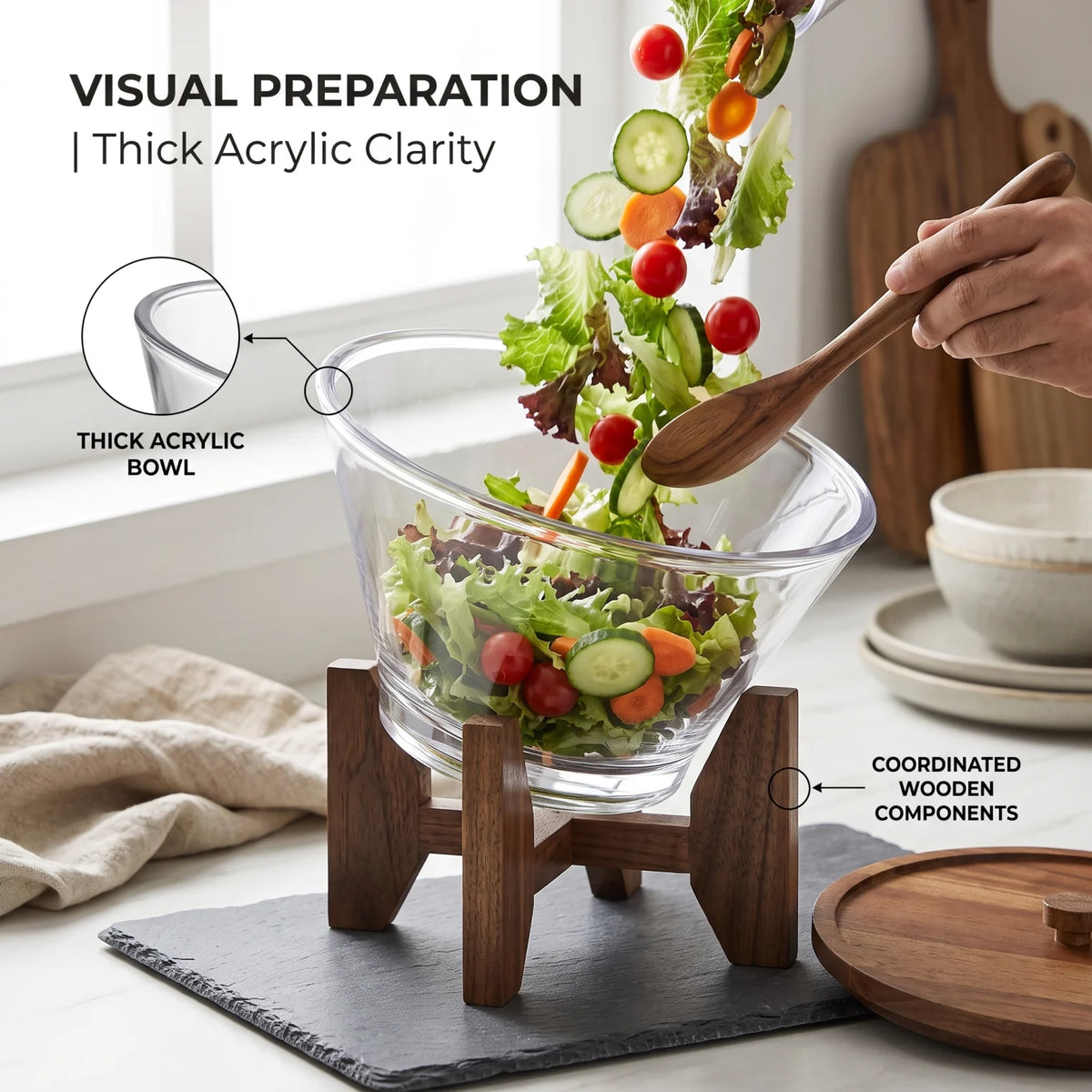 SALAD SERVING SET G-5054B – Thick Acrylic Clear Bowl with Wooden Lid and Holder | Salad Serving Bowl Set for Home Dining