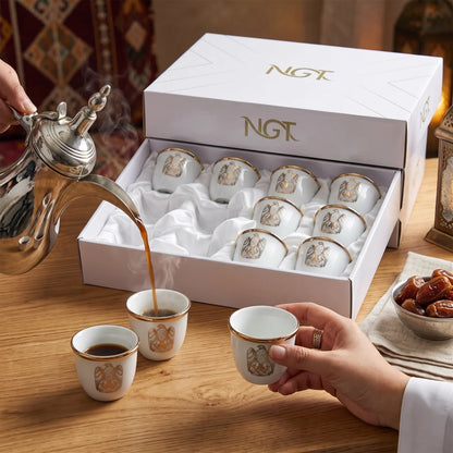 NGT 12-Piece Porcelain Arabic Coffee Gahwa Cup Set – UAE Abu Dhabi Falcon Logo | Handleless Cups | White-Gold or White-Black - White-Gold - Image 3