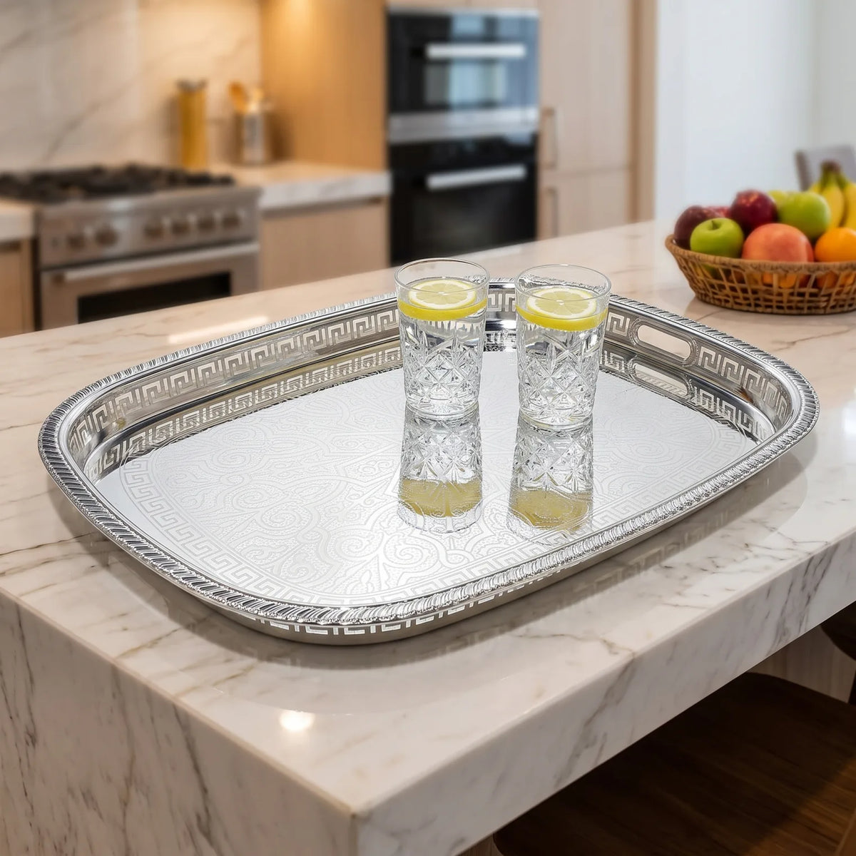 M.E.W Luxury Metal Serving Tray with Mirrored Center – Small, Medium or Large | Silver or Gold | Engraved Greek Key Border - Silver / Large - Image 3