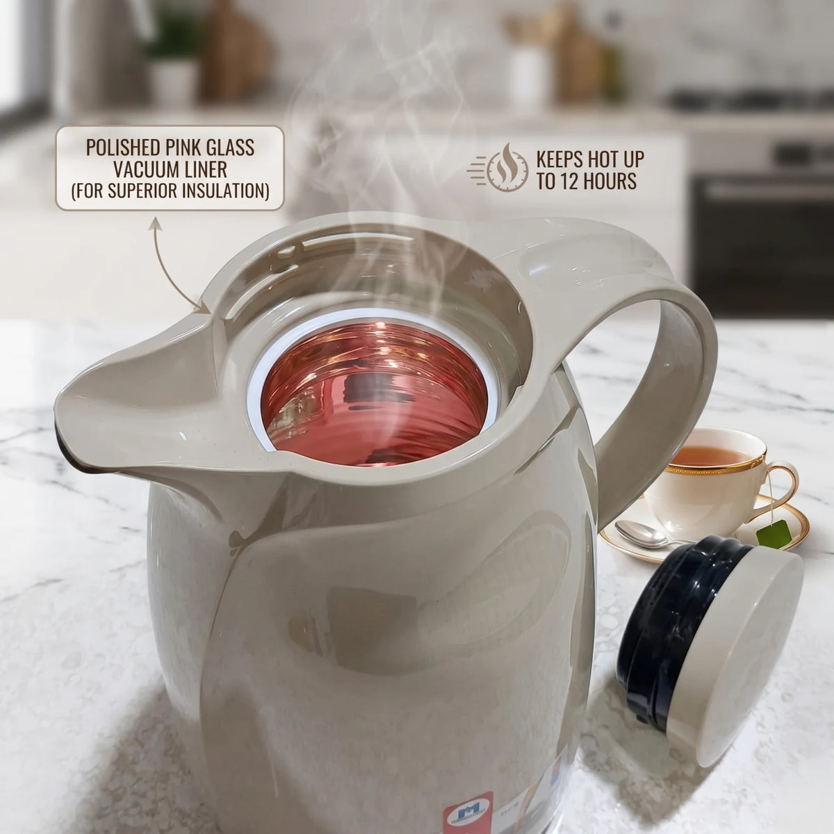 Markutec German-Made Beige Vaccum Flask 1.5 Litre | Leak-Proof Tea and Coffee Carafe | Keeps Drinks Hot or Cold