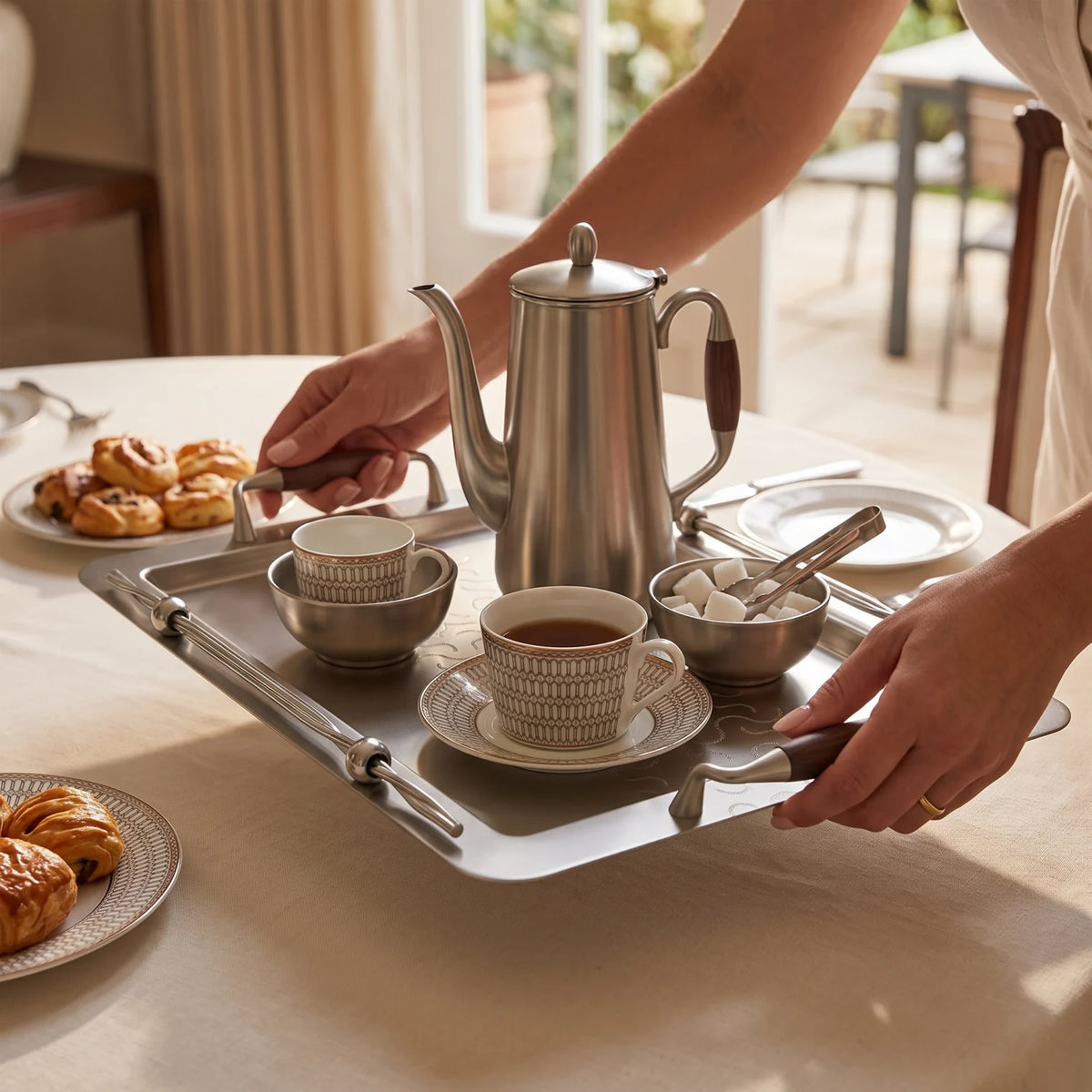 Ansa Luxury Metal Serving Tray – 47 x 32 x 14cm | Geometric Pattern, Raised Rim and Side Handles | Multiple Colour Options - Matte Silver - Wood - Image 3