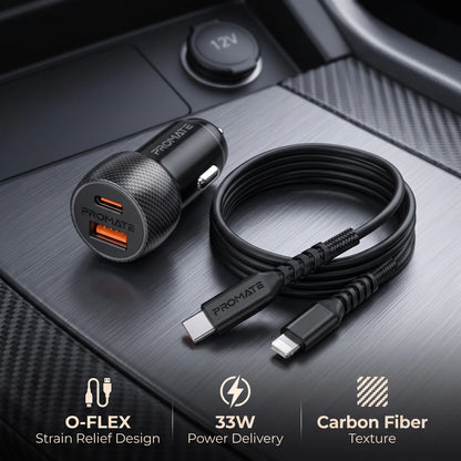 PROMATE 2in1 CarKit Dual-Port Car Charger with 100cm USB-C to Lightning Cable – 33W Power Delivery, O-FLEX Strain Relief, Black