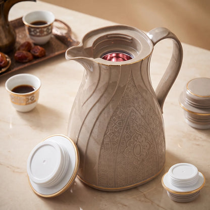 Rose Warm Grey Vacuum Flask 1.3L with Arabic Geometric Design, Gold-Tone Accents, Leak-Proof Tea and Coffee Flask
