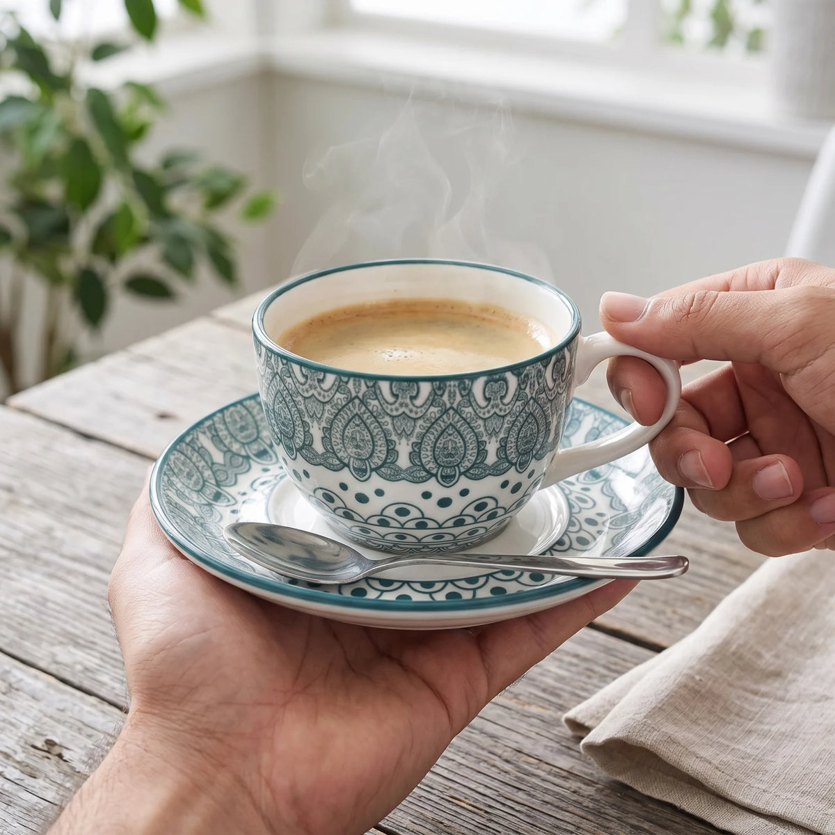 Che Brucia 200 ML Porcelain Cup and Saucer Set – Blue or Green | Floral Paisley Pattern | Matching Handled Coffee and Tea Service - Green - Image 3