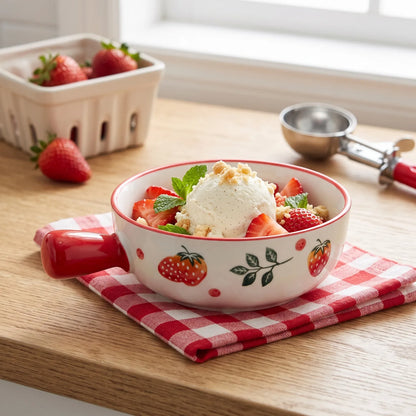 Fine Porcelain 16 CM Bowl with Handle – White Bowl with Red Trim, Strawberry and Leafy-Vine Pattern, Glossy Handled Tableware