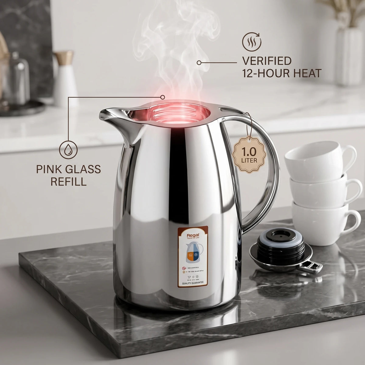 Regal Stainless Steel Vacuum Flask – Mirror Finish Chrome | 12-Hour Hot, 24-Hour Cold Tea & Coffee Server - Silver / 1.0 Liter - Image 3