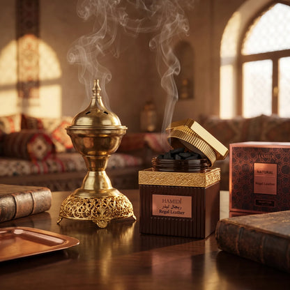 HAMIDI Bakhoor 50 Grams – Regal Leather Muattar Scented Incense in a Geometric Patterned Box
