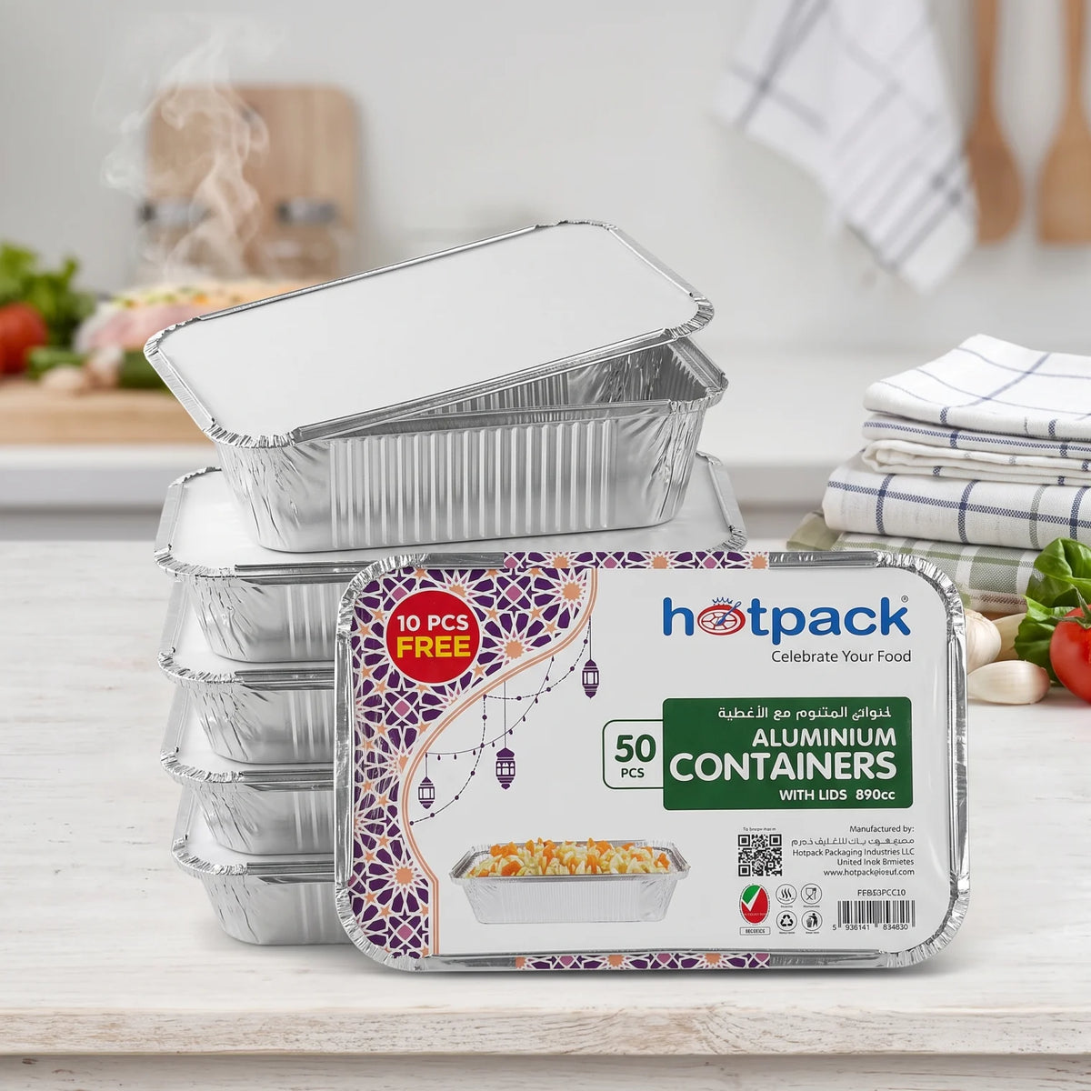 Hot pack Aluminum container with Lis, 890cc Pack of 50 Pieces | Food Grade Silver Containers with Lids for Hot Food