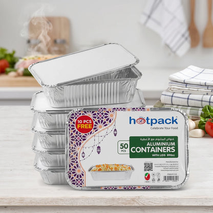 Hot pack Aluminum container with Lis, 890cc Pack of 50 Pieces | Food Grade Silver Containers with Lids for Hot Food