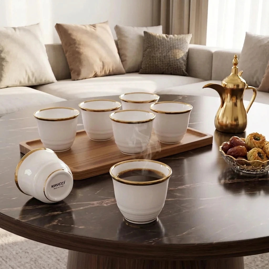 VERUCCI 12-Piece Coffee Cup Set 120 ML – White Glossy Cups with Gold-Colored Trim in Presentation Box