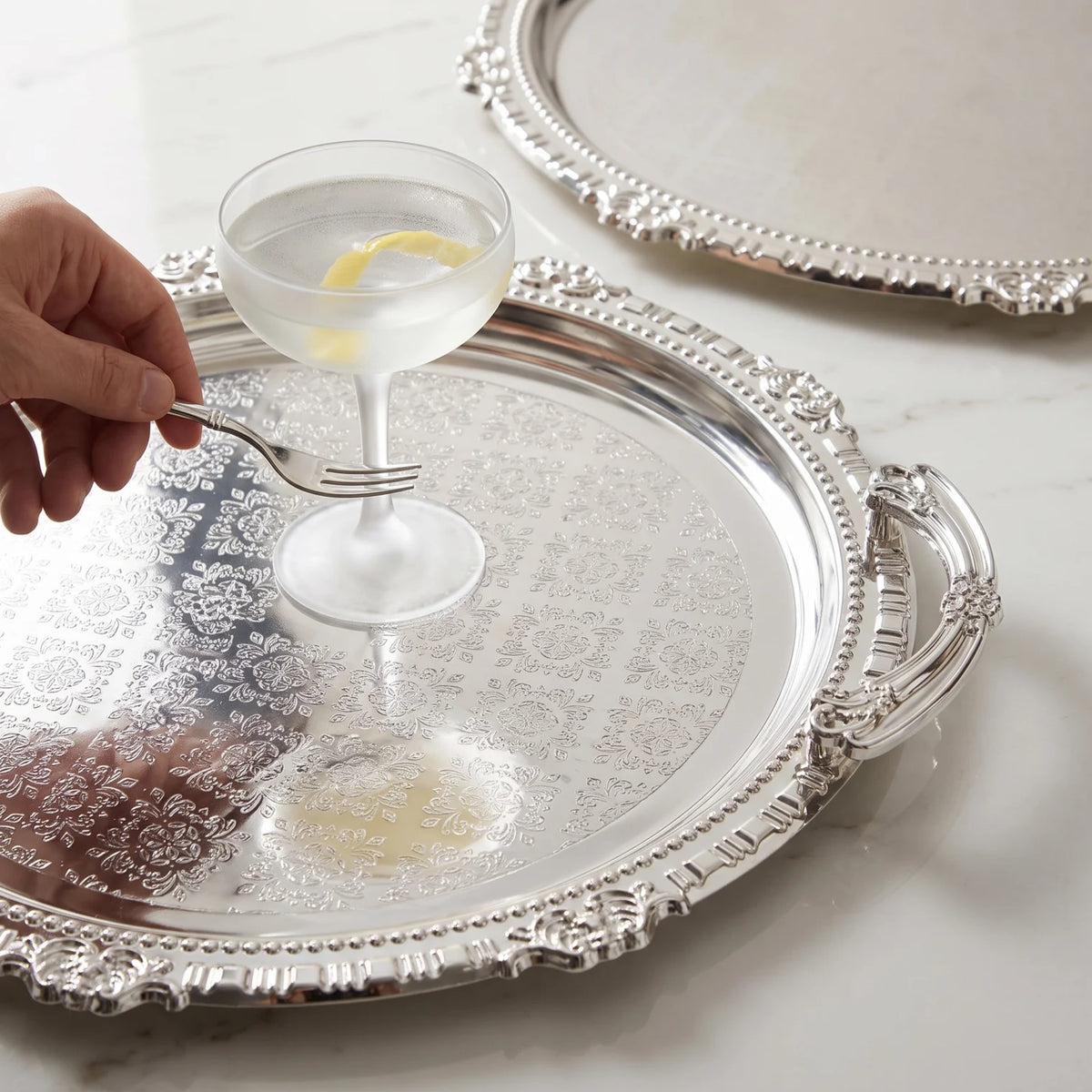 Ripple 3-Piece Luxury Metal Serving Tray Set – Ornate Handles, Floral Pattern Centers, Decorative Raised Rims, Small to Large Sizes - Silver - Image 3