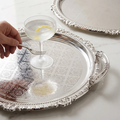 Ripple 3-Piece Luxury Metal Serving Tray Set – Ornate Handles, Floral Pattern Centers, Decorative Raised Rims, Small to Large Sizes - Silver - Image 3