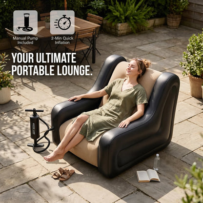 GREEN LION Single Seater Inflatable Sofa GMT-7 – Beige & Black, 300 KG Load Capacity, Manual Pump Included, Ultra-Soft Flocked Finish, 2-Min Inflation