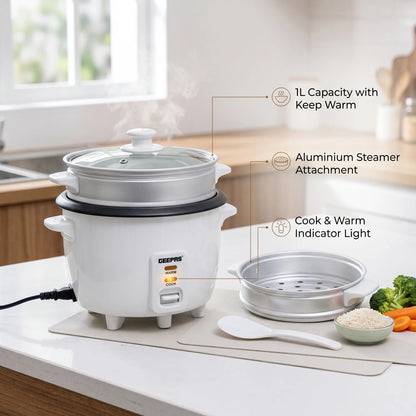 GEEPAS MULTIFUNCTION RICE COOKER GRC4325H – 1L White Rice Cooker with Non-Stick Inner Pot, Cook Function, Keep Warm and Smart Technology
