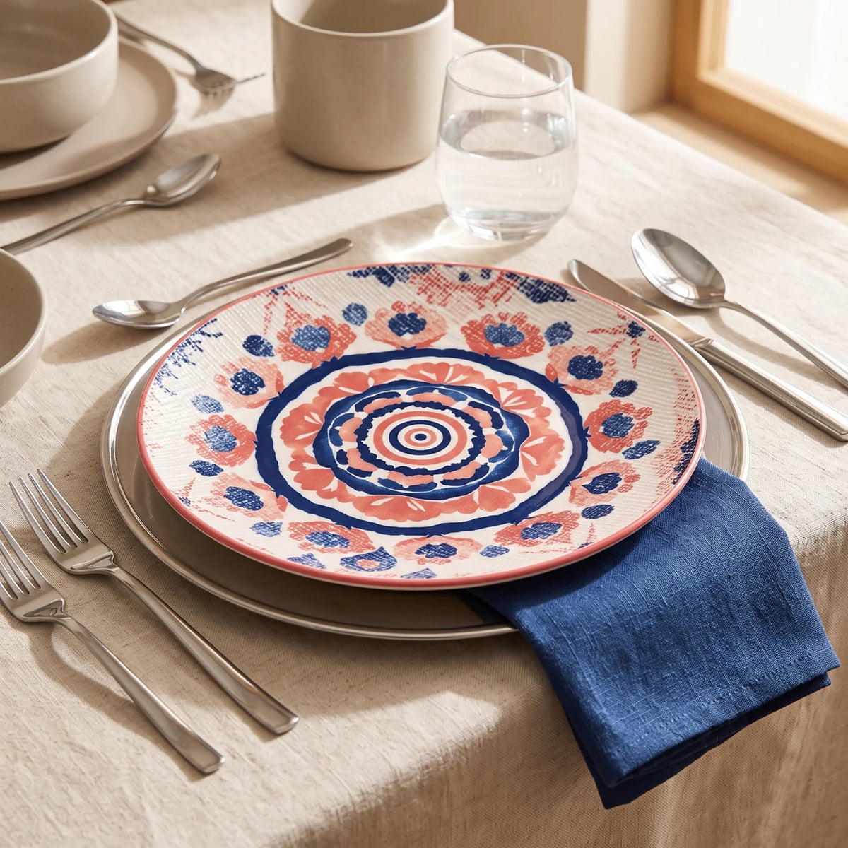 26 CM Porcelain Dinner Plate – White Base with Red, Coral and Dark Blue Floral-Geometric Design