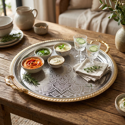 M.E.W Round Stainless Steel Serving Tray – Large & Extra Large | Mandala Floral Pattern | Decorative Handles | Silver, Gold & Silver - Gold - Silver - Gold / Large - Image 3
