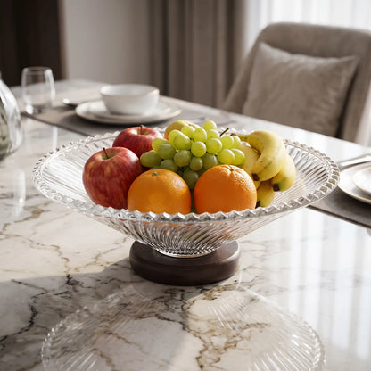 Premium Glass Fruit Platter with Radiant Ribbed Design – 25 x 25 x 9 cm, Dark Wood Pedestal Base, Decorative Serving Dish