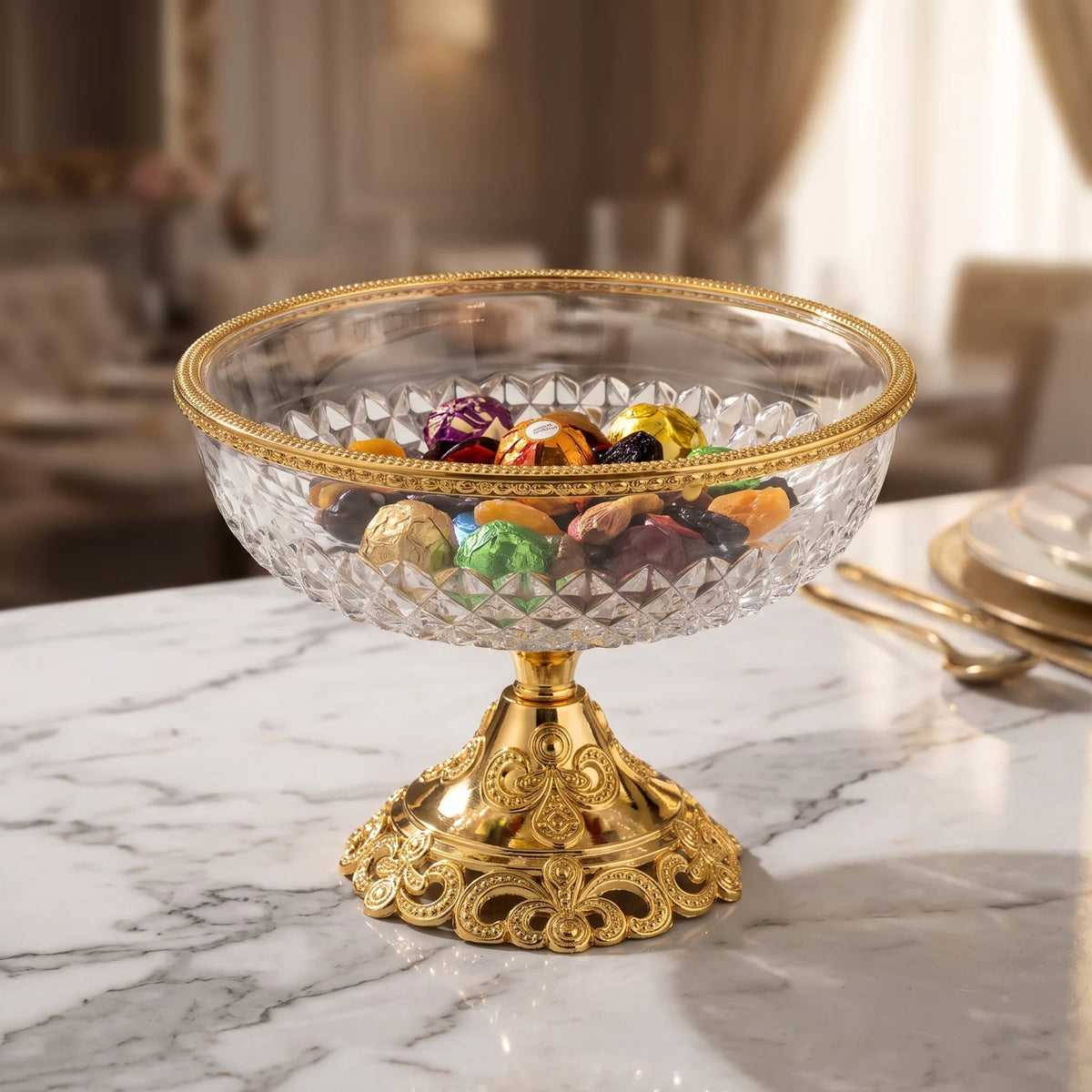 Glass Serving Bowl 28 cm × 22 cm – Elevated Pedestal Design | Faceted Clear Glass with Decorative Metal Base and Rim - Gold - Image 3