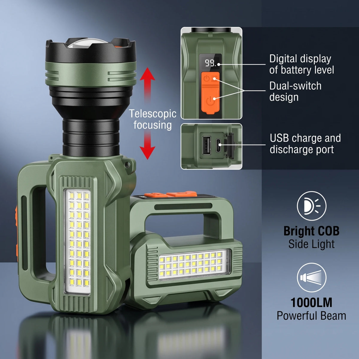 Haoerliang Multifunctional Portable Searchlight HEL-580 – LED Flashlight Torch | Telescopic Focusing | 23 cm Long | Black, Green & Orange