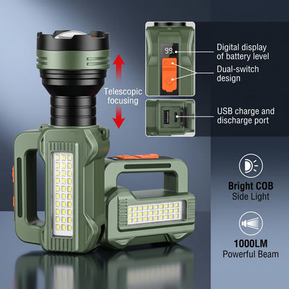 Haoerliang Multifunctional Portable Searchlight HEL-580 – LED Flashlight Torch | Telescopic Focusing | 23 cm Long | Black, Green & Orange