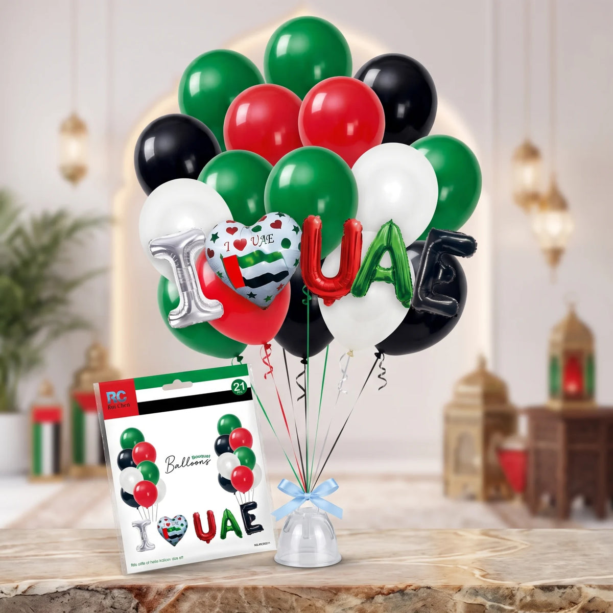 UAE National Day Bouquet Balloons – 21 Pieces | Multicolor Party Balloon Set for Air or Helium