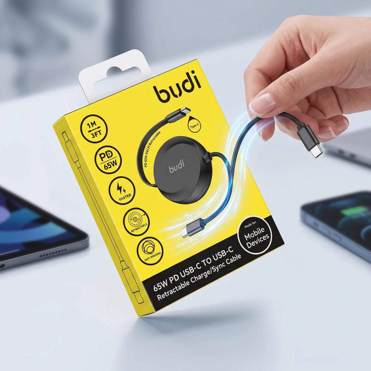 budi Retractable USB-C to USB-C Cable 1M/3FT – 65W PD Charge & Sync, Anti-Winding Black Type-C Cable for Mobile Devices