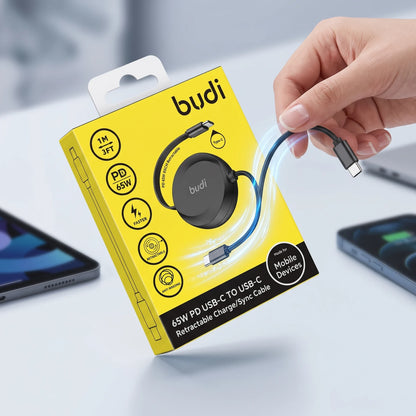 budi Retractable USB-C to USB-C Cable 1M/3FT – 65W PD Charge & Sync, Anti-Winding Black Type-C Cable for Mobile Devices