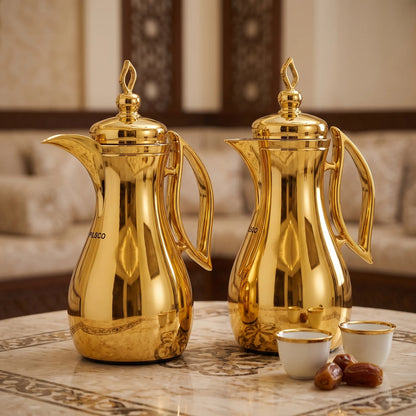 Pilsco 2-Piece Plain Shiny Gold Decorative Vacuum Flask Set, Arabic Design – 1.0L + 1.0L | Stainless Steel, Leak Proof