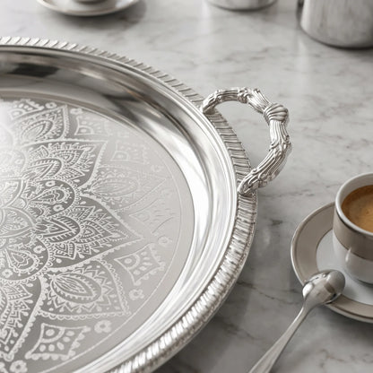 M.E.W Round Stainless Steel Serving Tray – Large & Extra Large | Mandala Floral Pattern | Decorative Handles | Silver, Gold & Silver - Gold - Silver / Large - Image 3