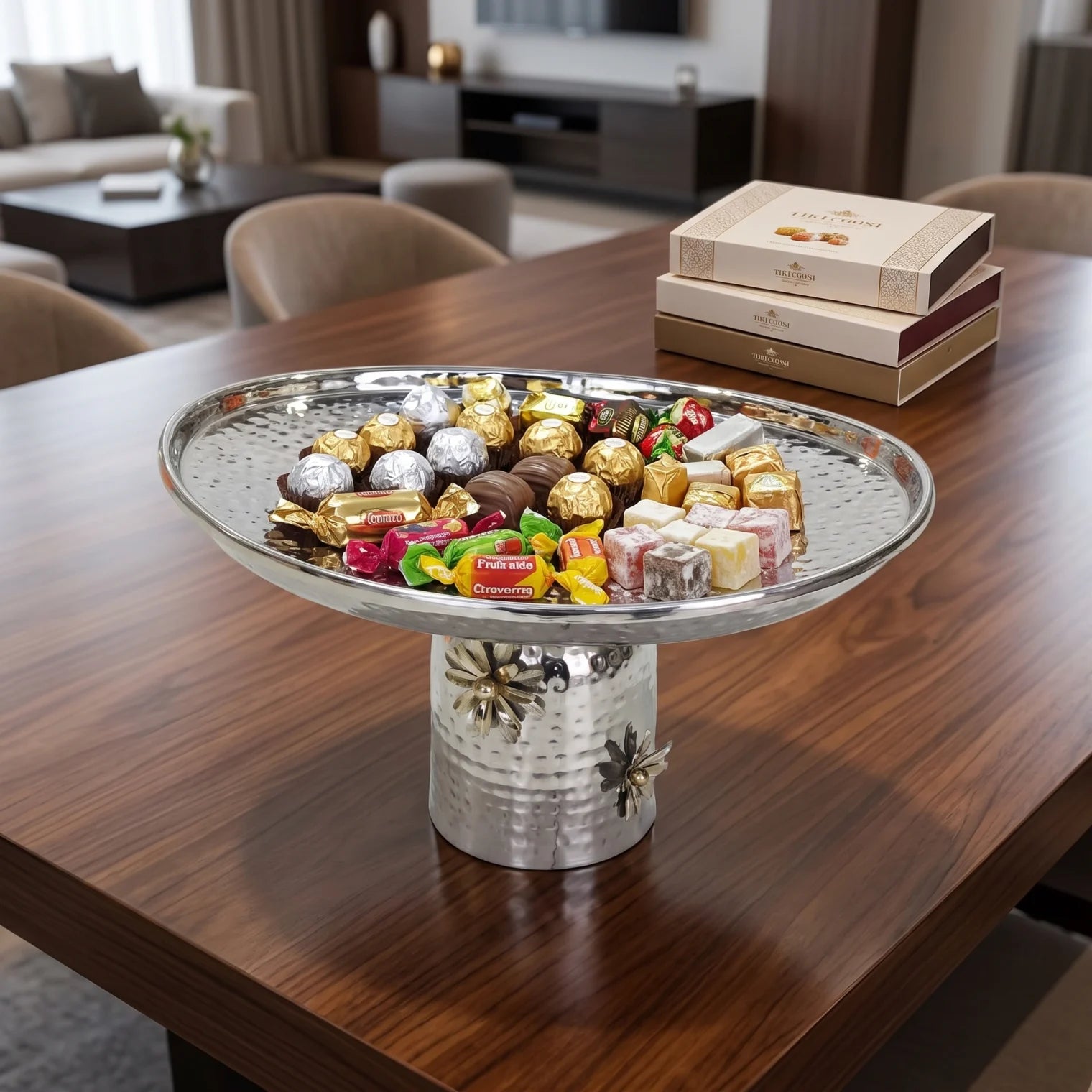 Silver Metal Oval Plate with Flower Detailed Base (Large) – Pedestal Tray for Sweets and Candies