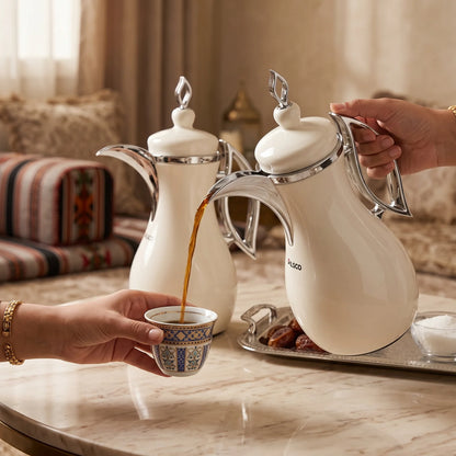 Pilsco 2-Piece Cream White & Silver Vacuum Flask Set – 1.0L + 1.0L | Arabic Design | Stainless Steel | Leak Proof