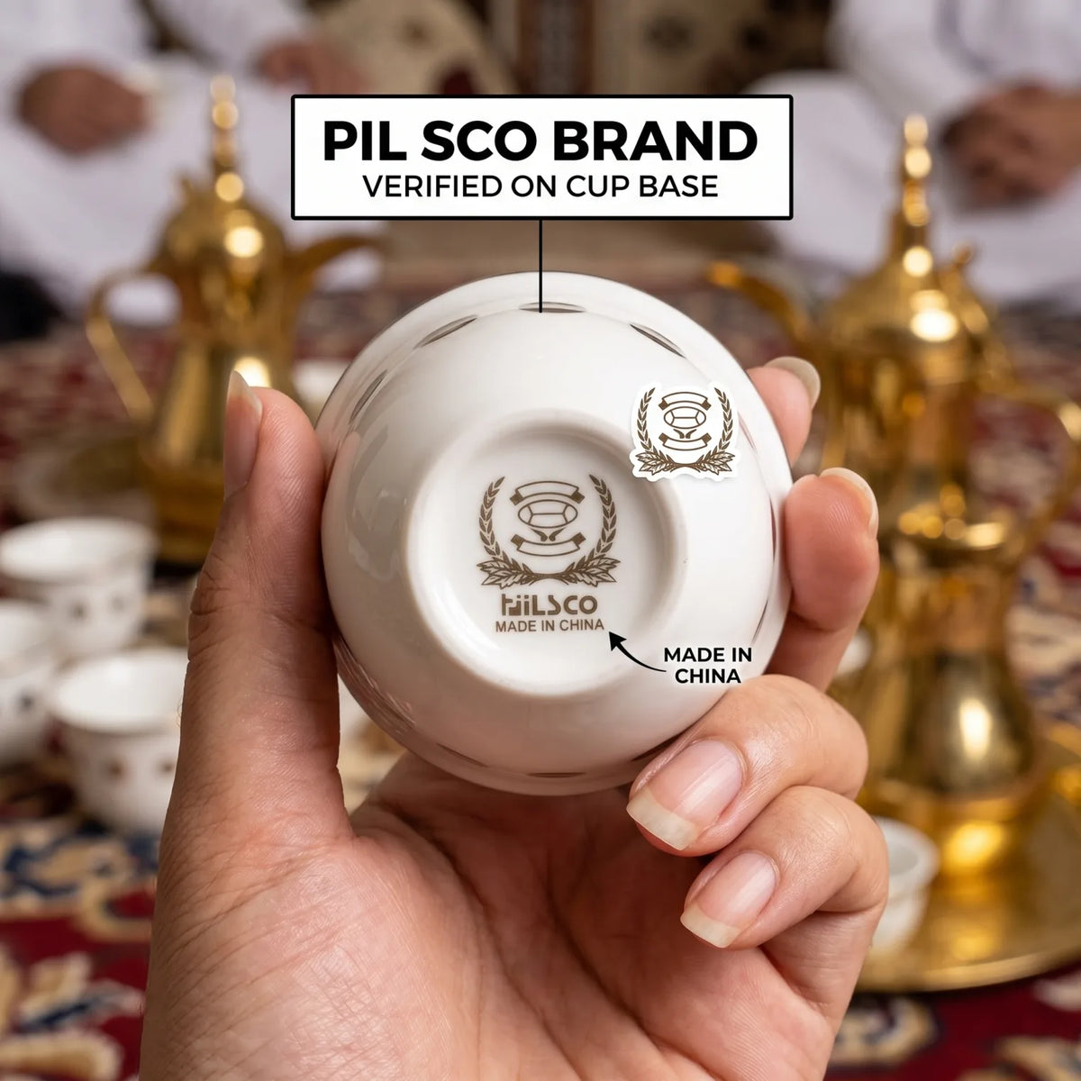 Pilsco Arabic Coffee Cups Set of 12 – White Handleless Cups with Gold Rims and Dot Decorations in Box