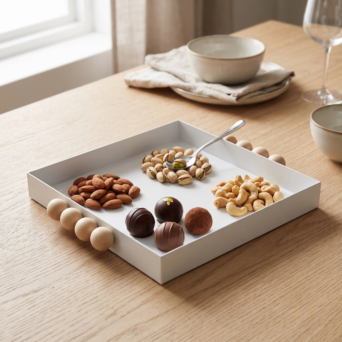 Sleek White Square Metal Serving Tray 30 x 30 x 4 cm with Wooden Bead Handles for Nuts, Chocolates and Entertaining