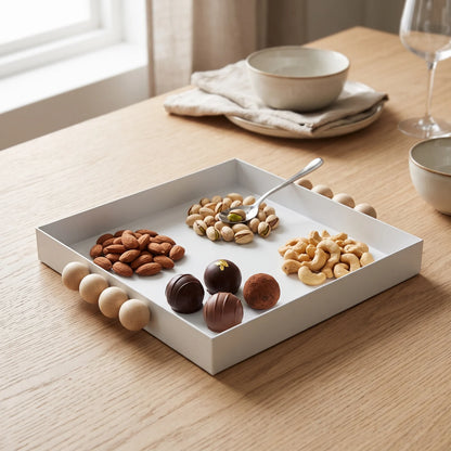 Sleek White Square Metal Serving Tray 30 x 30 x 4 cm with Wooden Bead Handles for Nuts, Chocolates and Entertaining