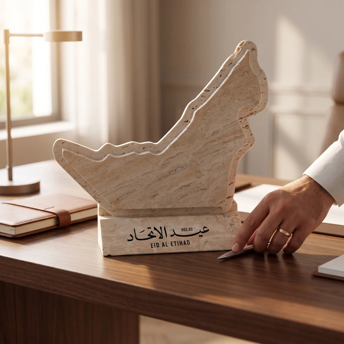 Natural Travertine UAE Map Decor Piece – 28cm x 6cm x 29cm | EID AL ETIHAD Tabletop Plaque with Arabic Text for Home or Desk