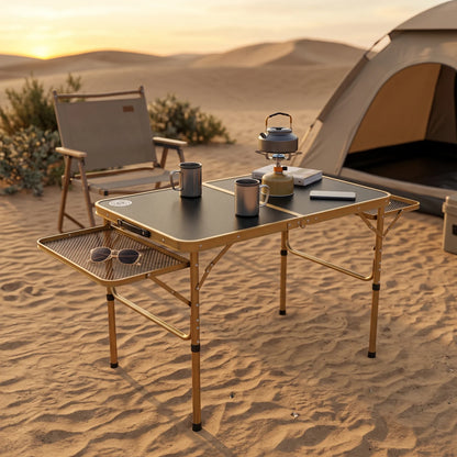 Omega 1 Korea Lightweight Foldable Gold-Toned Outdoor Camping Table – H70 x W60 x L134 cm | Mesh Side Sections | Portable Folding Table
