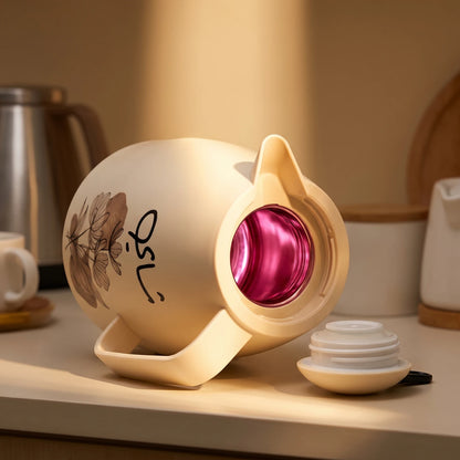 Crystal House Cream-Colored Vacuum Flask 1L – Botanical Leaf Pattern, Arabic Chai Calligraphy, Leak-Proof Tea & Coffee Flask