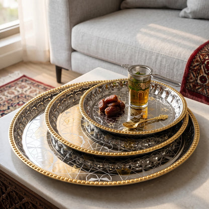 ARGTE Premium 3-Piece Round Serving Trays Set – Silver Mirror Patterns | Gold-Beaded Rim Accents | 25cm, 35cm & 45cm