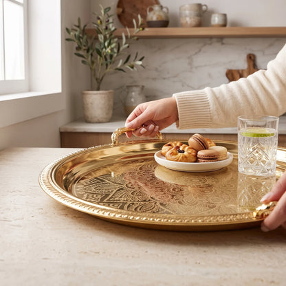 M.E.W Round Stainless Steel Serving Tray – Large & Extra Large | Mandala Floral Pattern | Decorative Handles | Silver, Gold & Silver - Gold - Gold / Extra Large - Image 3