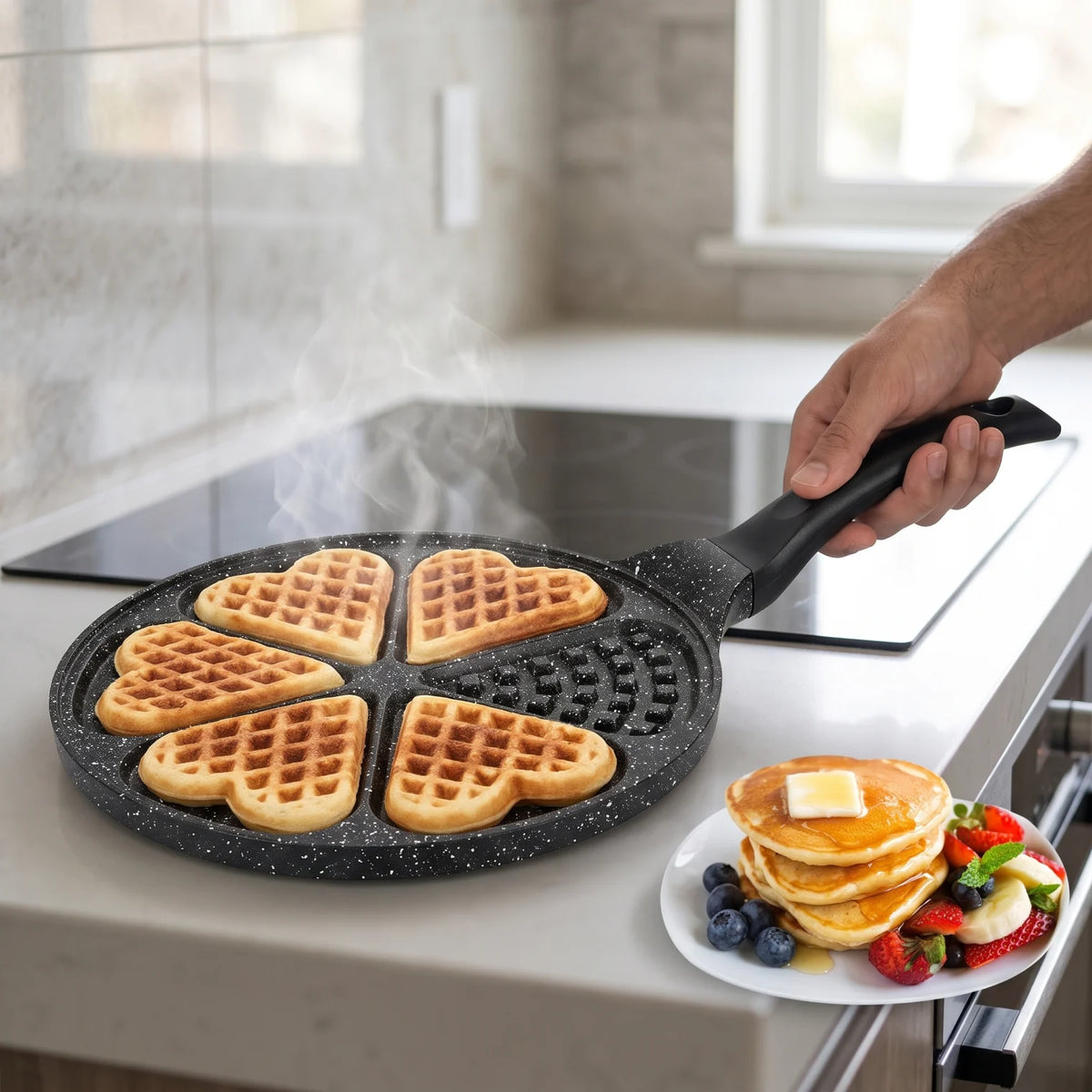 28 CM Granite Coating Waffle Pan with Bakelite Handle and Hanging Loop | Handheld Waffle Cooking Pan for Home Kitchen Use