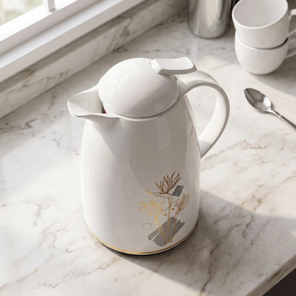 Regal White Vacuum Flask 1.0 Liter – Luxury Floral Design | Leak Proof | Keeps Hot 12 Hours and Cold 24 Hours