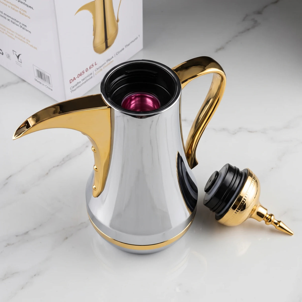 Ansa Stainless Steel Arabic Vaccum Flask – 0.65 L | 12-Hour Hot, 24-Hour Cold | Leak Proof | Pink Glass Interior | Tea & Coffee - Gold - Silver - Image 3