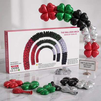 THE BALLOON ARCH Kit – UAE Flag Colors | 100 Four-Leaf Clover Balloons in Red, Green, Black and Silver | Party Decoration Set