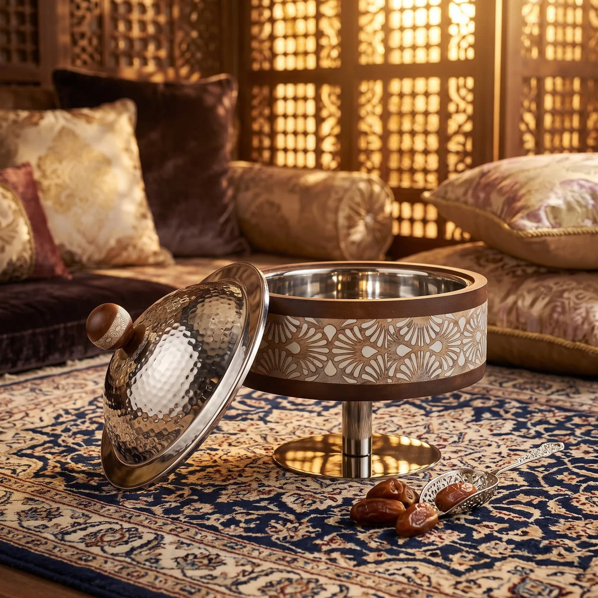 Dallah Addar Wooden and Steel Serving Pot with Stand – 26cm Height, 22cm Width, Ornate Lidded Design for Serving and Display