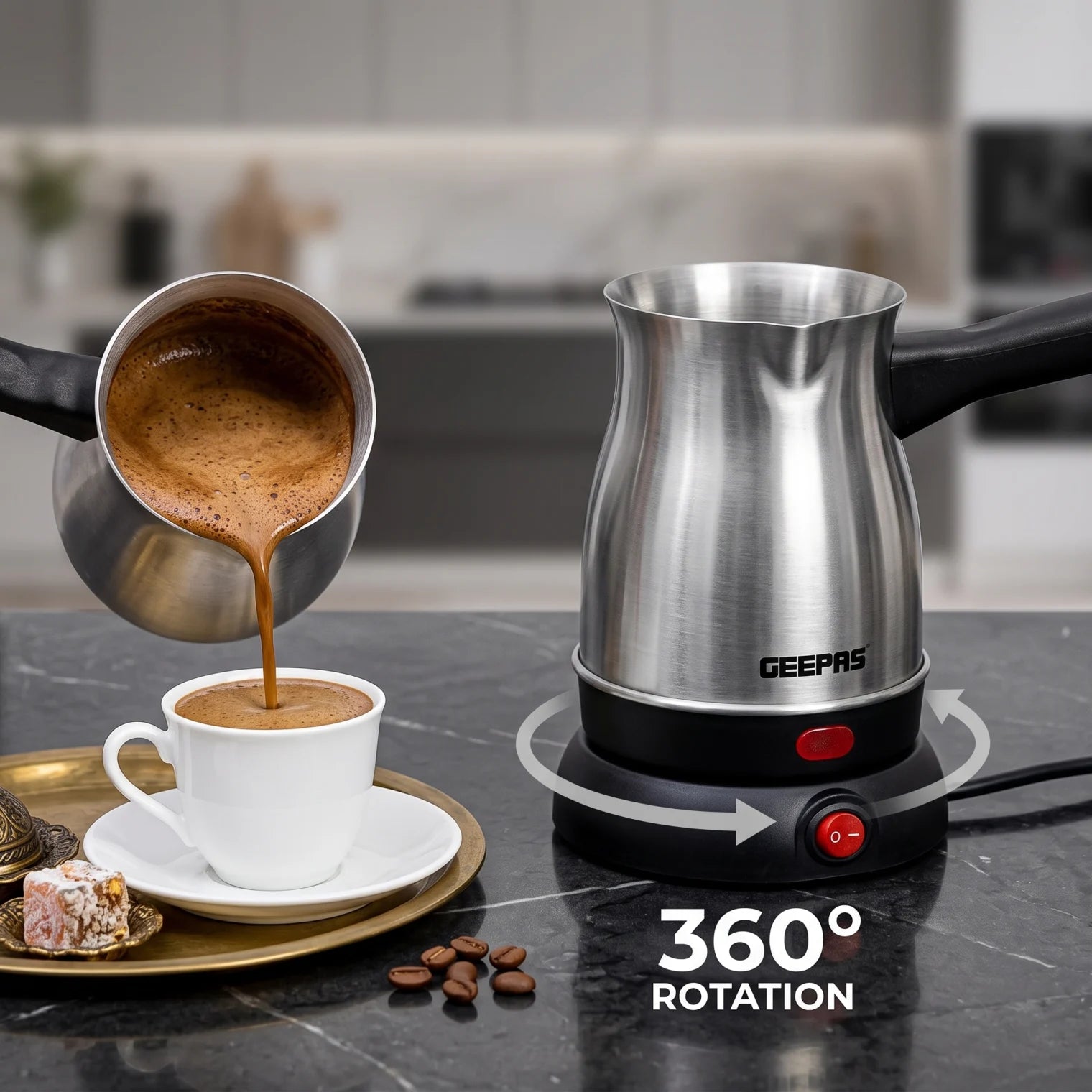 Geepas Turkish Coffee Maker GK38050 – 0.8L | Stainless Steel Body | 360° Rotation | Foamy Finish | White, Silver and Black