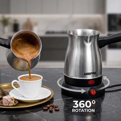 Geepas Turkish Coffee Maker GK38050 – 0.8L | Stainless Steel Body | 360° Rotation | Foamy Finish | White, Silver and Black