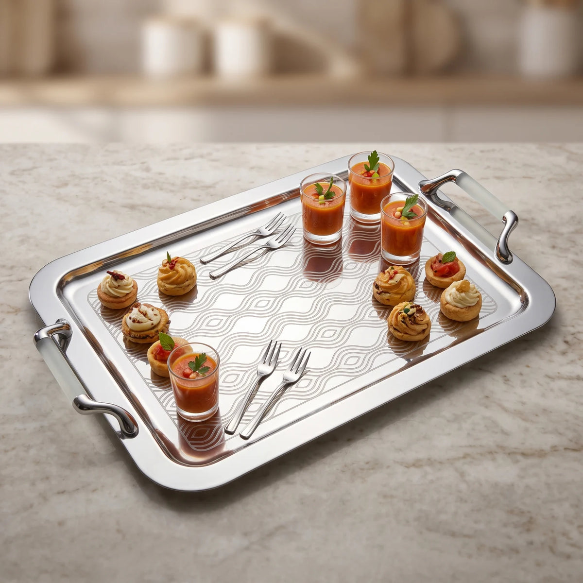 Ansa Luxury Metal Serving Tray – 47 x 32 x 14cm | Geometric Pattern, Raised Rim and Side Handles | Multiple Colour Options - Silver - White - Image 3