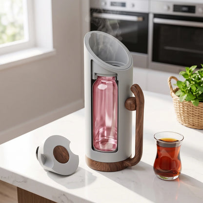 MAHRA Matte Grey vaccum flask 0.8 Liter – Wood Grain Handle and Base | Leak Proof Tea and Coffee Flask